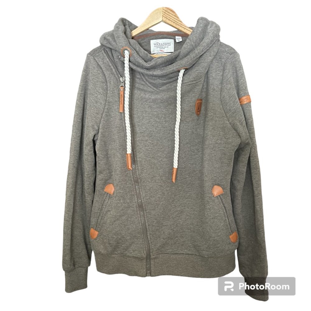 Wanakome Athena Heather Gray Asymmetrical  Cowl Neck Zipped Hoodie Sz XL